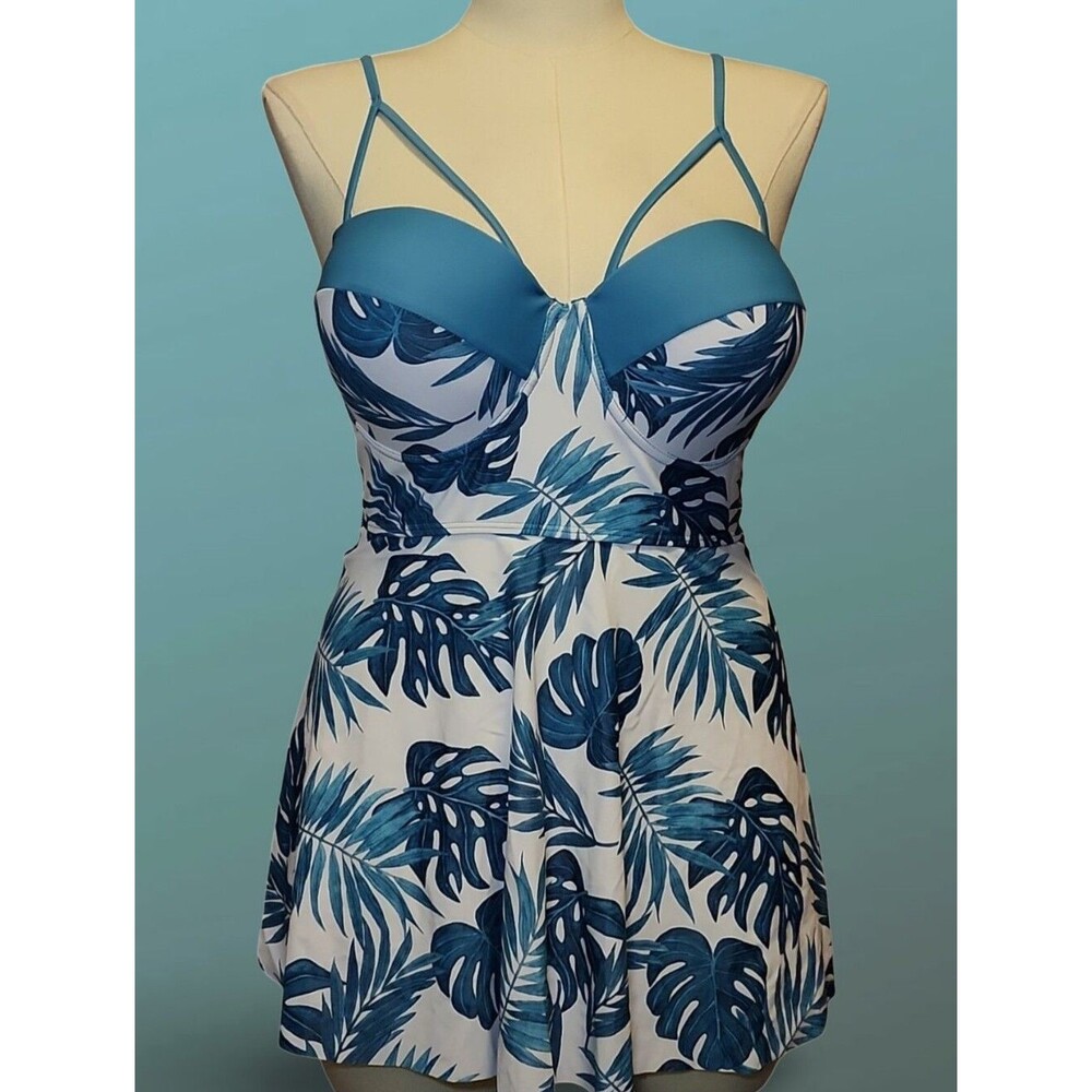 Swim dress TOP Blue Leaf Print Plus Size 4XL Padded Lined Spaghetti Strap